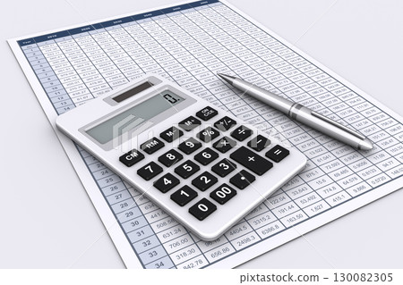 Documents with business data, a calculator and a ballpoint pen Documents with business data, a calculator and a ballpoint pen 130082305