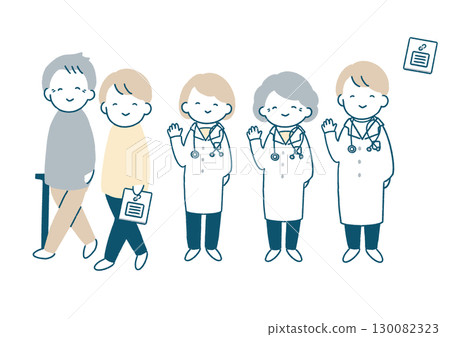 Illustration set of a patient with a cane and a doctor waving 130082323