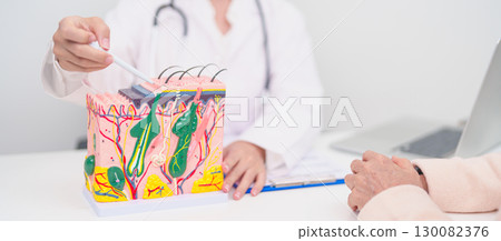 woman Patient consultation Dermatologist with anatomy of skin and hair. Skin disease and Hair loss, Systemic Lupus Erythematosus or SLE, world lupus day, May Melanoma and Skin Cancer Awareness month woman Patient consultation Dermatologist with anatomy of skin and hair. Skin disease and Hair loss, Systemic Lupus Erythematosus or SLE, world lupus day, May Melanoma and Skin Cancer Awareness month 130082376