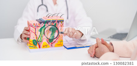 woman Patient consultation Dermatologist with anatomy of skin and hair. Skin disease and Hair loss, Systemic Lupus Erythematosus or SLE, world lupus day, May Melanoma and Skin Cancer Awareness month woman Patient consultation Dermatologist with anatomy of skin and hair. Skin disease and Hair loss, Systemic Lupus Erythematosus or SLE, world lupus day, May Melanoma and Skin Cancer Awareness month 130082381