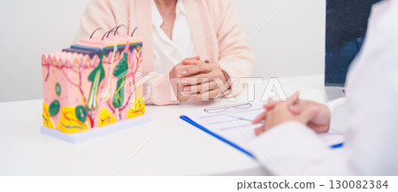 woman Patient consultation Dermatologist with anatomy of skin and hair. Skin disease and Hair loss, Systemic Lupus Erythematosus or SLE, world lupus day, May Melanoma and Skin Cancer Awareness month 130082384