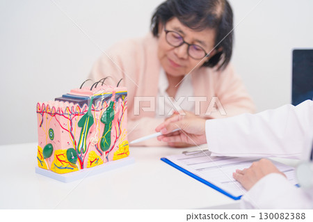 woman Patient consultation Dermatologist with anatomy of skin and hair. Skin disease and Hair loss, Systemic Lupus Erythematosus or SLE, world lupus day, May Melanoma and Skin Cancer Awareness month 130082388