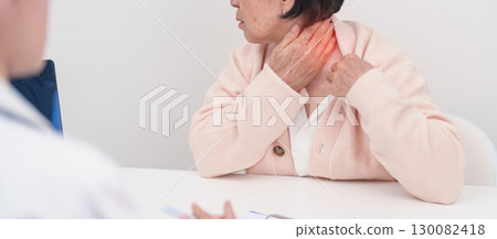 Elderly Woman having Shoulder and Neck and consulting doctor in hospital. Muscle painful due to Myofascial pain syndrome and Fibromyalgia, rheumatism, Scapular pain, Cervical Spine. ergonomic concept 130082418