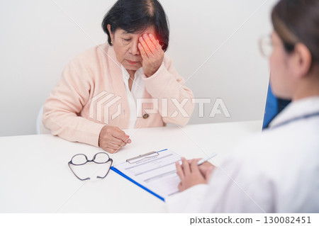 Elderly woman Patient having Eye ache and consulting Doctor to Eye disease. Senior Medical Diagnosis. Cataract, Glaucoma, Age Related Macular Degeneration, Diabetic Retinopathy, Vitreous and health Elderly woman Patient having Eye ache and consulting Doctor to Eye disease. Senior Medical Diagnosis. Cataract, Glaucoma, Age Related Macular Degeneration, Diabetic Retinopathy, Vitreous and health 130082451