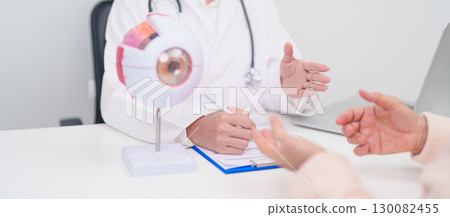 Elderly Patient consulting Doctor to Eye disease, Senior Medical Diagnosis. Anatomy Eye model for Cataract, Glaucoma, Age Related Macular Degeneration, Diabetic Retinopathy, Vitreous, health concept Elderly Patient consulting Doctor to Eye disease, Senior Medical Diagnosis. Anatomy Eye model for Cataract, Glaucoma, Age Related Macular Degeneration, Diabetic Retinopathy, Vitreous, health concept 130082455