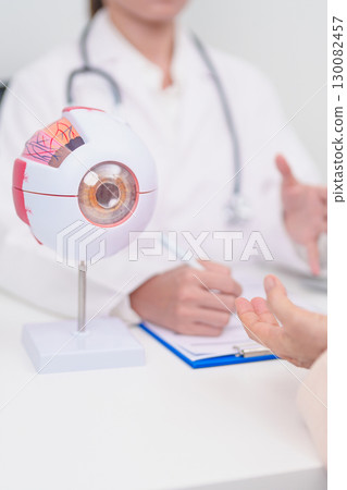 Elderly Patient consulting Doctor to Eye disease, Senior Medical Diagnosis. Anatomy Eye model for Cataract, Glaucoma, Age Related Macular Degeneration, Diabetic Retinopathy, Vitreous, health concept Elderly Patient consulting Doctor to Eye disease, Senior Medical Diagnosis. Anatomy Eye model for Cataract, Glaucoma, Age Related Macular Degeneration, Diabetic Retinopathy, Vitreous, health concept 130082457