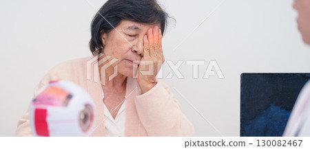 Elderly Patient consulting Doctor to Eye disease, Senior Medical Diagnosis. Anatomy Eye model for Cataract, Glaucoma, Age Related Macular Degeneration, Diabetic Retinopathy, Vitreous, health concept Elderly Patient consulting Doctor to Eye disease, Senior Medical Diagnosis. Anatomy Eye model for Cataract, Glaucoma, Age Related Macular Degeneration, Diabetic Retinopathy, Vitreous, health concept 130082467