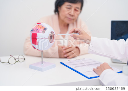 Elderly Patient consulting Doctor to Eye disease, Senior Medical Diagnosis. Anatomy Eye model for Cataract, Glaucoma, Age Related Macular Degeneration, Diabetic Retinopathy, Vitreous, health concept 130082469