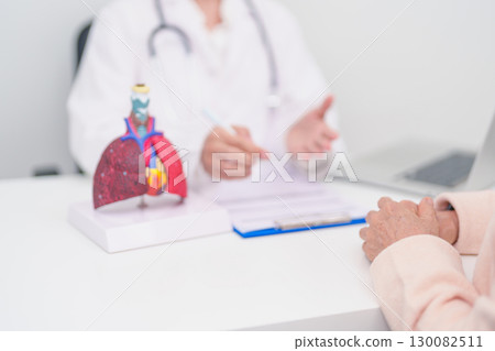 Doctor with Respiratory system. Elderly Patient consultation medical health for Lung Cancer, Asthma, Chronic Obstructive Pulmonary, Bronchitis, Emphysema, Cystic Fibrosis, Bronchiectasis, Pneumonia 130082511