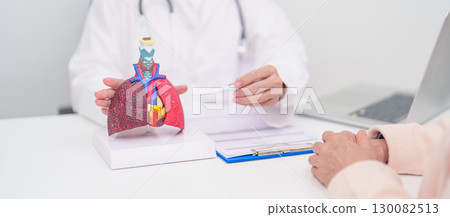 Doctor with Respiratory system. Elderly Patient consultation medical health for Lung Cancer, Asthma, Chronic Obstructive Pulmonary, Bronchitis, Emphysema, Cystic Fibrosis, Bronchiectasis, Pneumonia Doctor with Respiratory system. Elderly Patient consultation medical health for Lung Cancer, Asthma, Chronic Obstructive Pulmonary, Bronchitis, Emphysema, Cystic Fibrosis, Bronchiectasis, Pneumonia 130082513