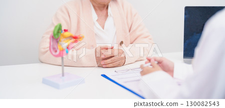 Elderly Patient consultation with doctor for Pancreas, Gallbladder, Bile Duct, Duodenum, Small intestine. Pancreatic cancer, Acute and Chronic pancreatitis, Digestive system and medical healthcare 130082543