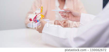 Elderly Patient consulting Doctor to Ear disease. Senior Health Medical Diagnosis. Anatomy Ear model for Atresia, Otitis Media, Pertorated Eardrum, Meniere syndrome, otolaryngologist, Hearing Loss Elderly Patient consulting Doctor to Ear disease. Senior Health Medical Diagnosis. Anatomy Ear model for Atresia, Otitis Media, Pertorated Eardrum, Meniere syndrome, otolaryngologist, Hearing Loss 130082672