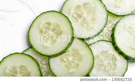 Fresh cucumber slices arranged neatly on a clean surface for culinary use or decoration Fresh cucumber slices arranged neatly on a clean surface for culinary use or decoration 130082720