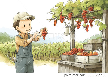A scene of farmers carefully harvesting fresh grapes at a grape farm 130082739