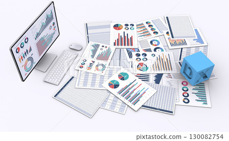 DX cube, multiple business documents and desktop computer 130082754