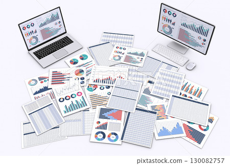 Computers displaying data and business documents 130082757