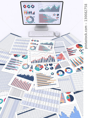 Desktop computer and business documents displaying data Desktop computer and business documents displaying data 130082758