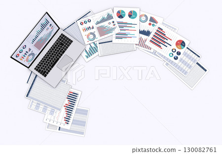 Laptop with data displayed and business documents 130082761