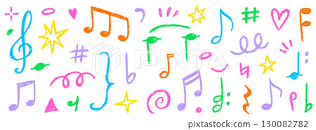 Music note crayon doodle vector set. Hand drawn chalk pastel music note, melody symbol shape, kid sticker sketch style. Cute retro crayon pencil colorful sound decoration element. Vector Music note crayon doodle vector set. Hand drawn chalk pastel music note, melody symbol shape, kid sticker sketch style. Cute retro crayon pencil colorful sound decoration element. Vector 130082782