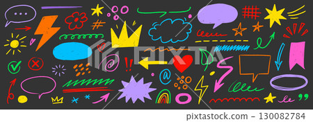 Hand drawn line chalk set. Crayon line arrow, speech bubble, pencil highlight and textured brush icon with cartoon heart, hand drawn marker element. Chalkboard frame sketch. Vector 130082784