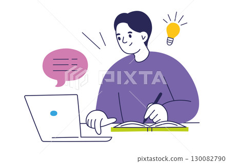 Flat cartoon vector illustration of student at desk with notebook and laptop, studying and writing notes. Concept of education, learning, office work, creativity, planning, productivity, knowledge Flat cartoon vector illustration of student at desk with notebook and laptop, studying and writing notes. Concept of education, learning, office work, creativity, planning, productivity, knowledge 130082790