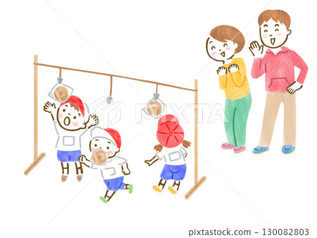 手繪插畫,描繪了運動會上孩子們參加吃麵包比賽的場景,父母在旁邊為他們加油。 手繪插畫,描繪了運動會上孩子們參加吃麵包比賽的場景,父母在旁邊為他們加油。 130082803