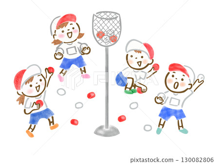 手繪插圖：運動會上精力充沛的孩子投球 130082806