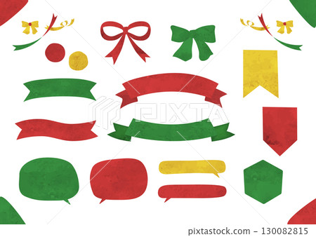 Cute watercolor speech bubble and ribbon frame illustration set (Christmas, red, green, gold) 130082815