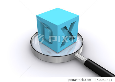 A cube engraved with the letters DX and a magnifying glass 130082844