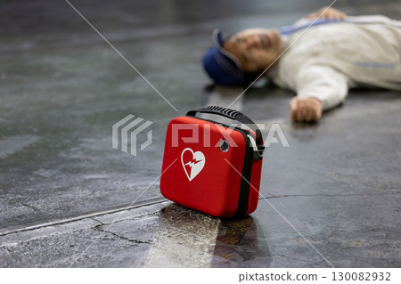 工人在工廠車間暈倒 + AED 工人在工廠車間暈倒 + AED 130082932