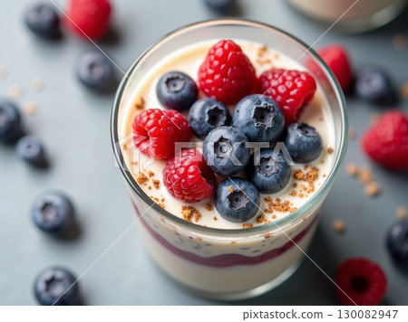Delicious Close-up Berry Parfait Dessert in Glass with Granola Detail 130082947