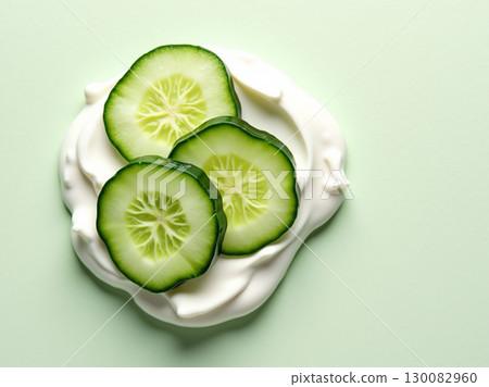 Fresh Slices of Cucumber with Creamy Base on Light Green Background 130082960