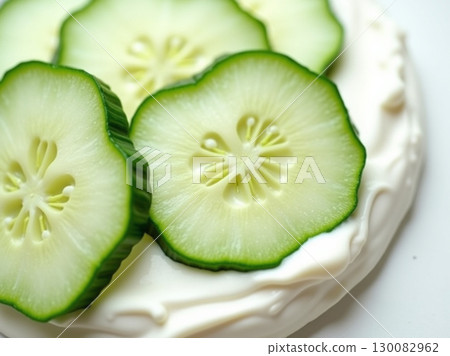 Fresh Cucumber Slices on Cream Cheese Appetizer Culinary Presentation Fresh Cucumber Slices on Cream Cheese Appetizer Culinary Presentation 130082962