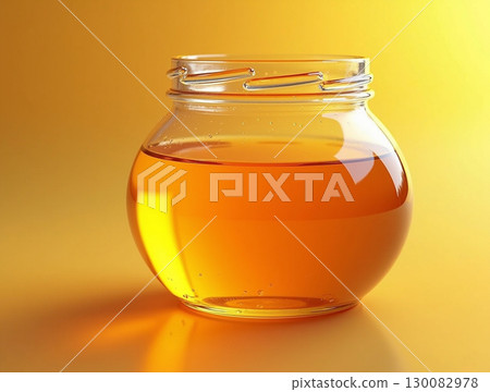 Modern Minimalist Jar of Honey on a Golden Background Still Life 130082978
