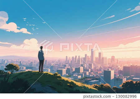 插畫資料：一名男子眺望城市 130082996