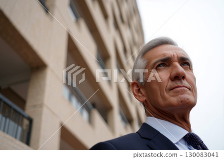 Confident Older Man Dressed in Suit Stands Outside Modern Building on a Cloudy Day 130083041