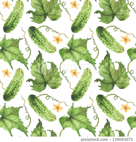 Watercolor growing cucumbers seamless pattern with yellow flowers, tendril, buds and leaves. Hand drawn realistic botanical illustration for farm crop packaging, fabric on Isolated white background Watercolor growing cucumbers seamless pattern with yellow flowers, tendril, buds and leaves. Hand drawn realistic botanical illustration for farm crop packaging, fabric on Isolated white background 130083073