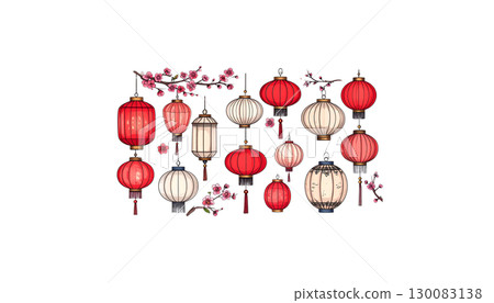 Chinese New Year lanterns and decorations with beautiful flowers in pink and red tones on a white background 130083138