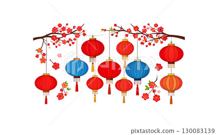 Chinese New Year lanterns and decorations with beautiful flowers in pink and red tones on a white background 130083139