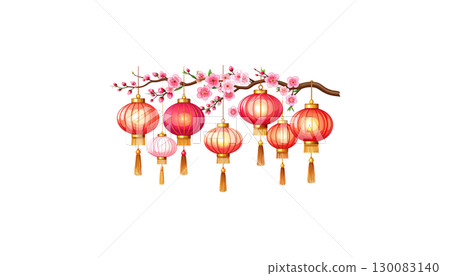 Chinese New Year lanterns and decorations with beautiful flowers in pink and red tones on a white background. 130083140