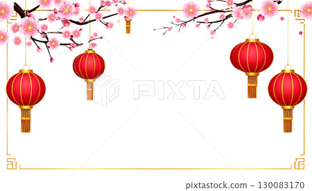 Chinese New Year lanterns and decorations with beautiful flowers in pink and red tones on a white background. 130083170