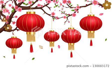 Chinese New Year lanterns and decorations with beautiful flowers in pink and red tones on a white background. 130083172