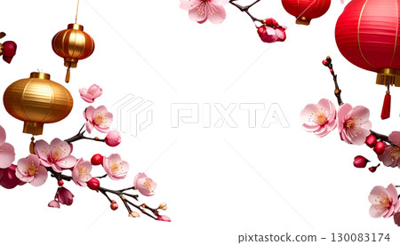 Chinese New Year lanterns and decorations with beautiful flowers in pink and red tones on a white background. 130083174