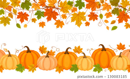 This vector illustration captures the essence of autumn and Thanksgiving with its vibrant orange pumpkins, gourds, and This vector illustration captures the essence of autumn and Thanksgiving with its vibrant orange pumpkins, gourds, and 130083185