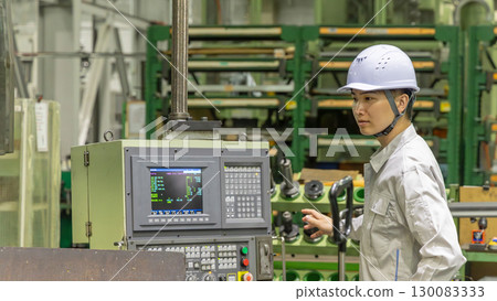 A worker operating a machine on a factory control panel 130083333