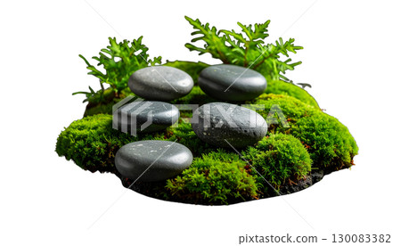 The Zen stones, stacked in a peaceful and perfectly balanced manner, symbolize the balance and stability of nature. 130083382