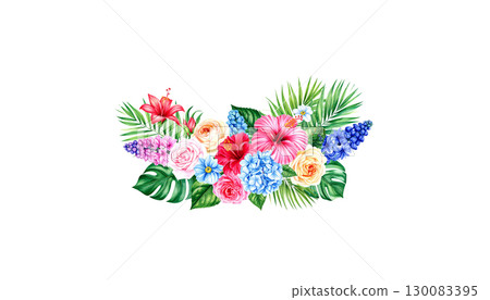Colorful spring flowers blooming isolated on white background. 130083395