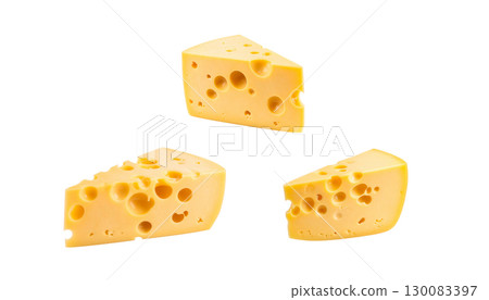 Yellow piece of Maasdam cheese with holes, isolated on a white background 130083397