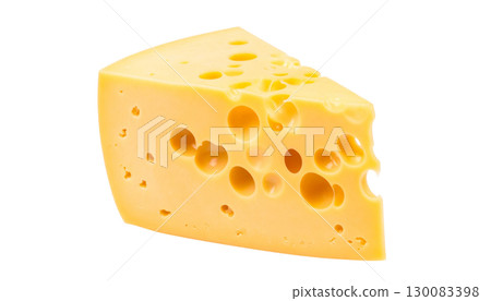 Yellow piece of Maasdam cheese with holes, isolated on a white background 130083398