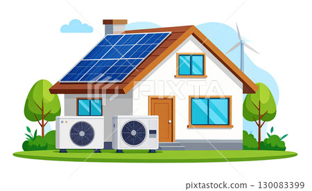 Residential solar panel home for sale, a modern energy-efficient property illustration Residential solar panel home for sale, a modern energy-efficient property illustration 130083399